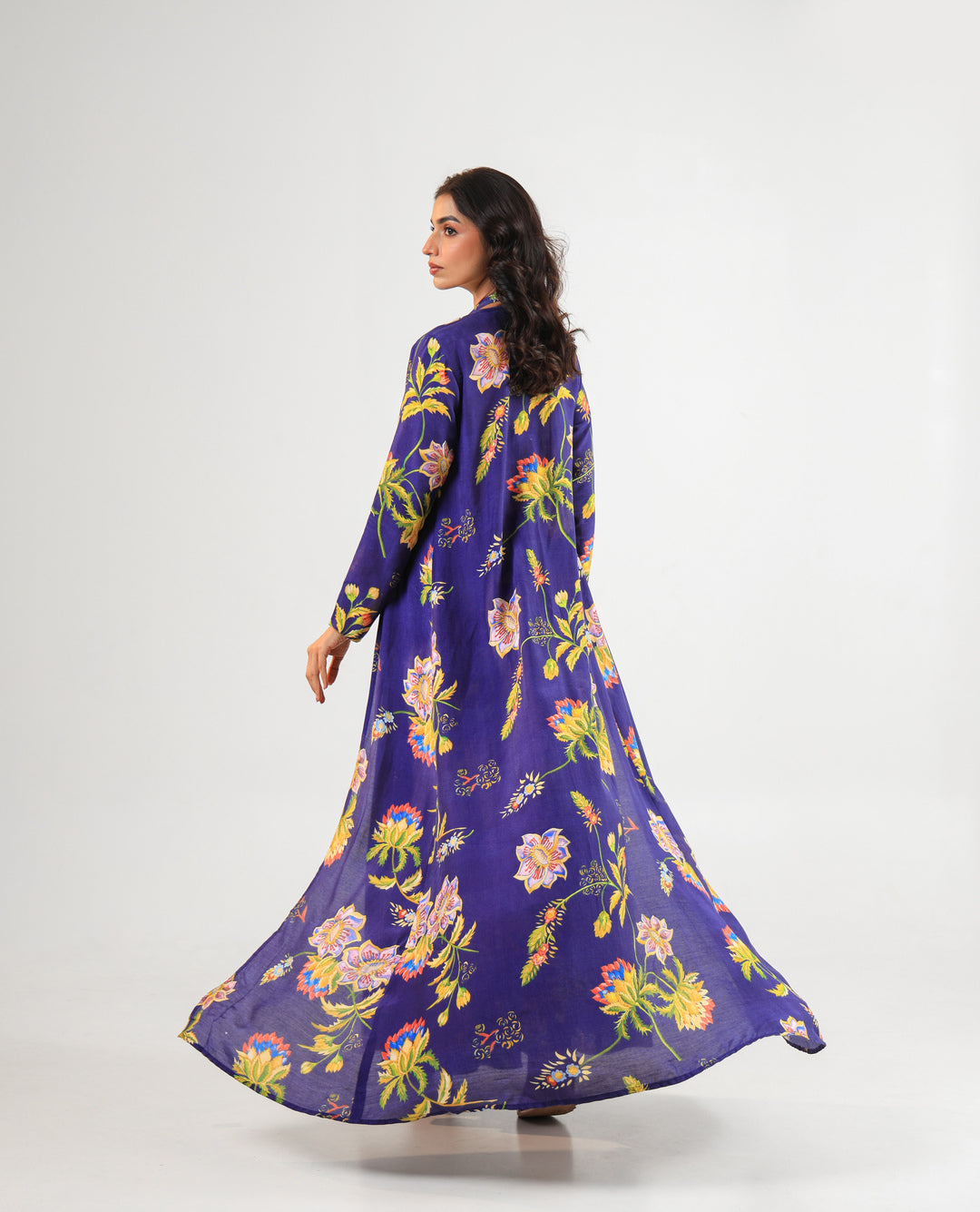 Royal Blue Floral Printed Three-Piece Set with Palazzo Pants, Bustier & Long Jacket