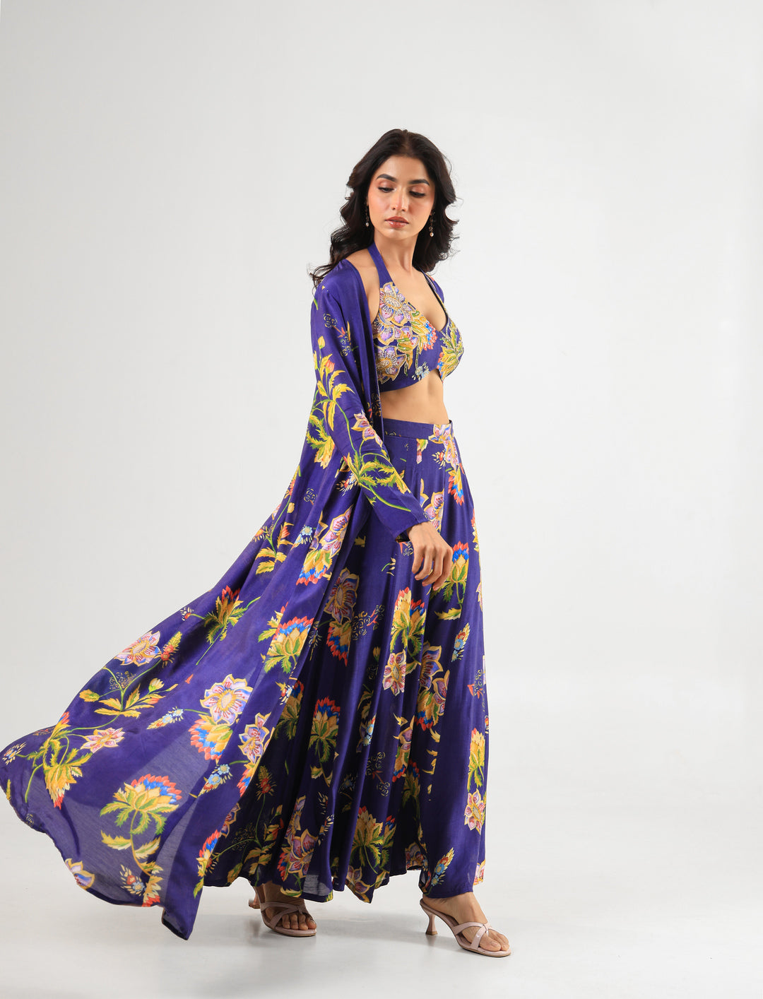 Royal Blue Floral Printed Three-Piece Set with Palazzo Pants, Bustier & Long Jacket