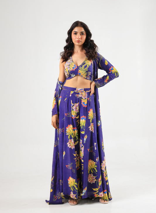 Royal Blue Floral Printed Three-Piece Set with Palazzo Pants, Bustier & Long Jacket