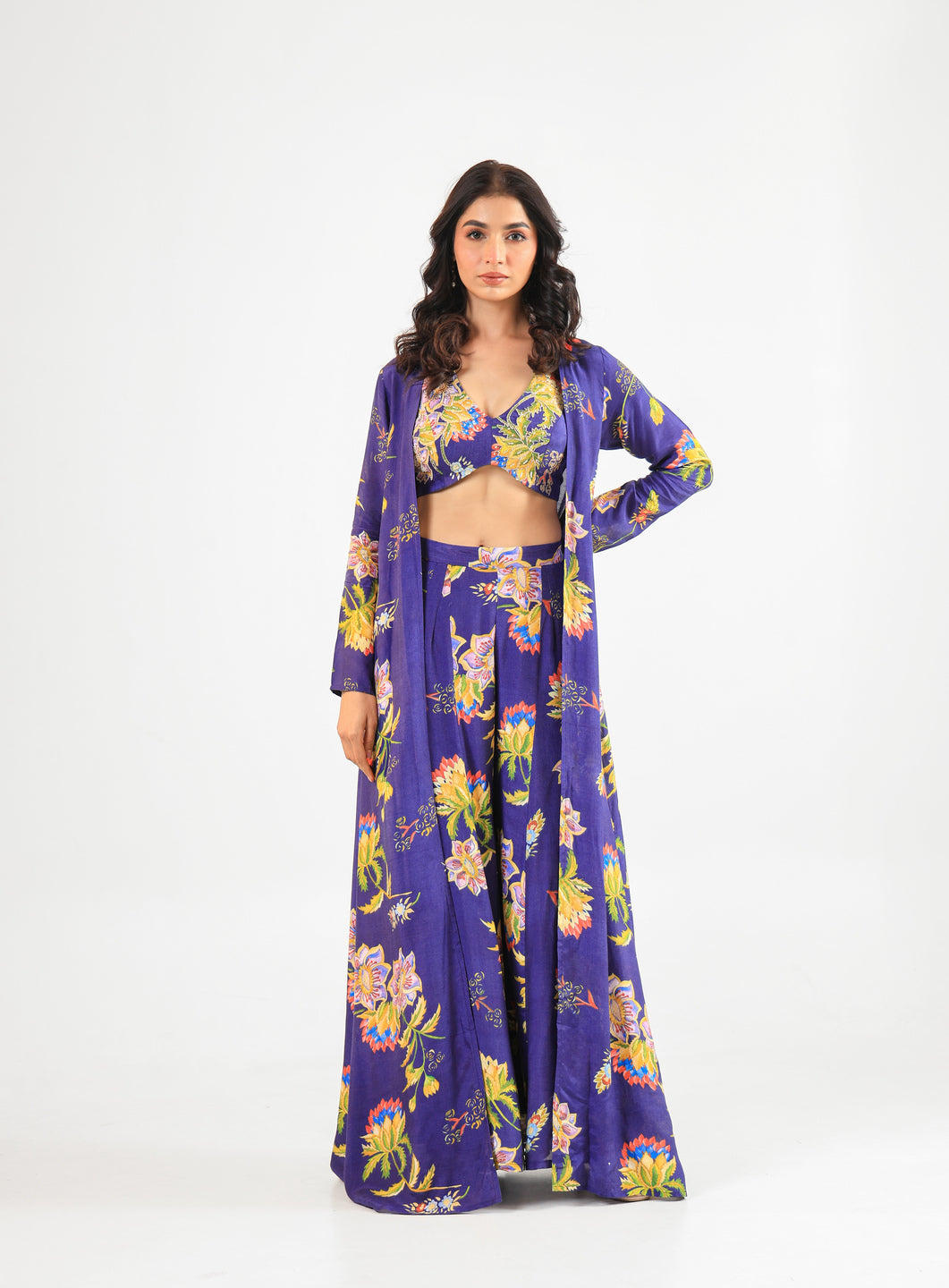 Royal Blue Floral Printed Three-Piece Set with Palazzo Pants, Bustier & Long Jacket