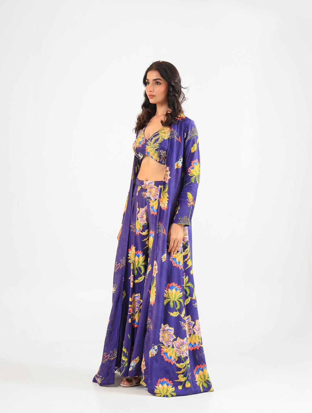 Royal Blue Floral Printed Three-Piece Set with Palazzo Pants, Bustier & Long Jacket