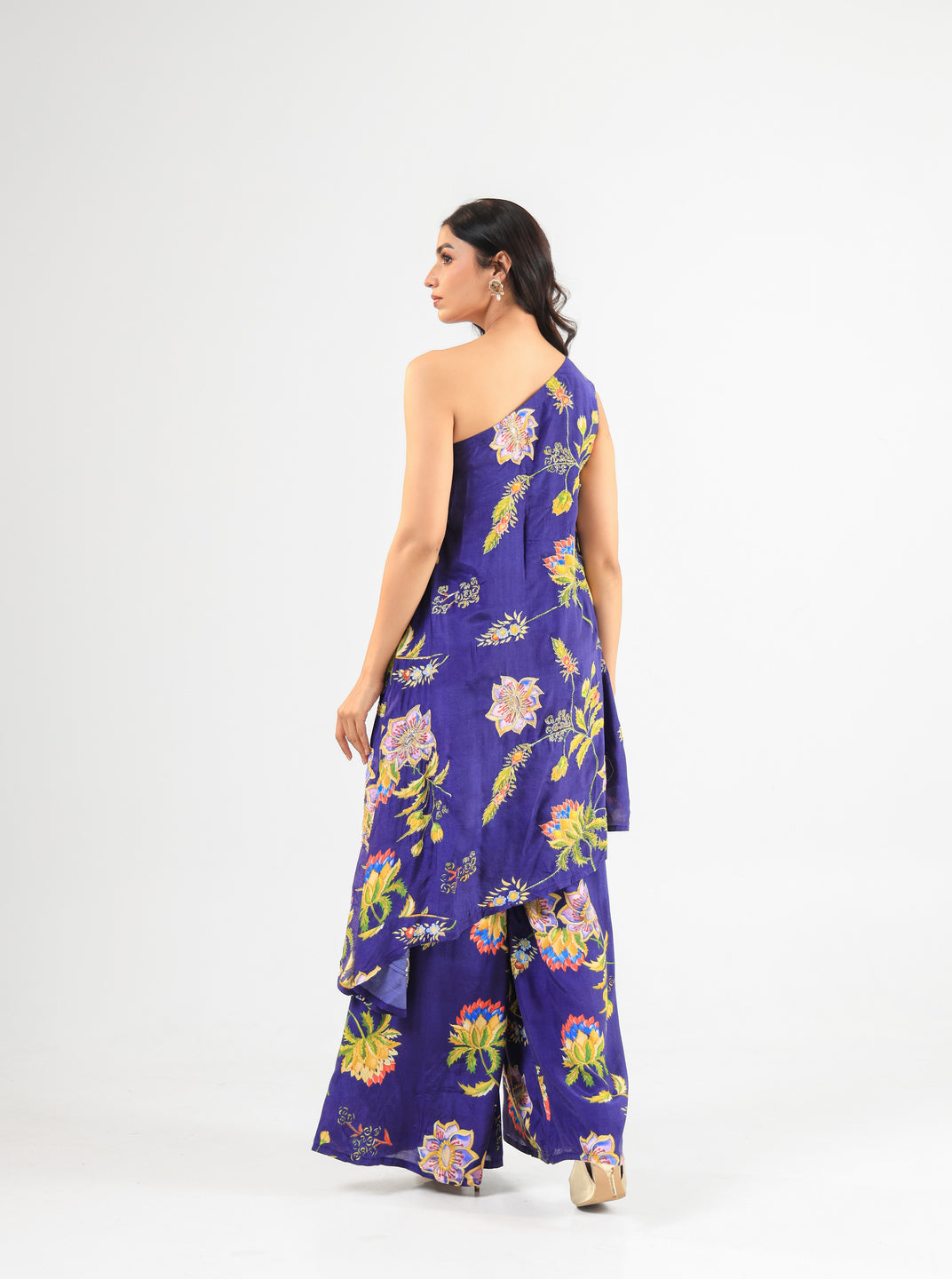 Deep Blue Floral Off-Shoulder Kurta Set with Wide-Leg Pants