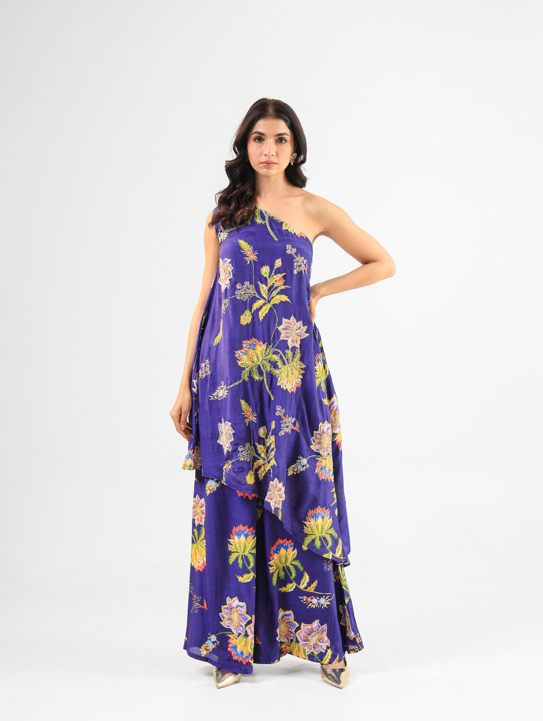 Deep Blue Floral Off-Shoulder Kurta Set with Wide-Leg Pants