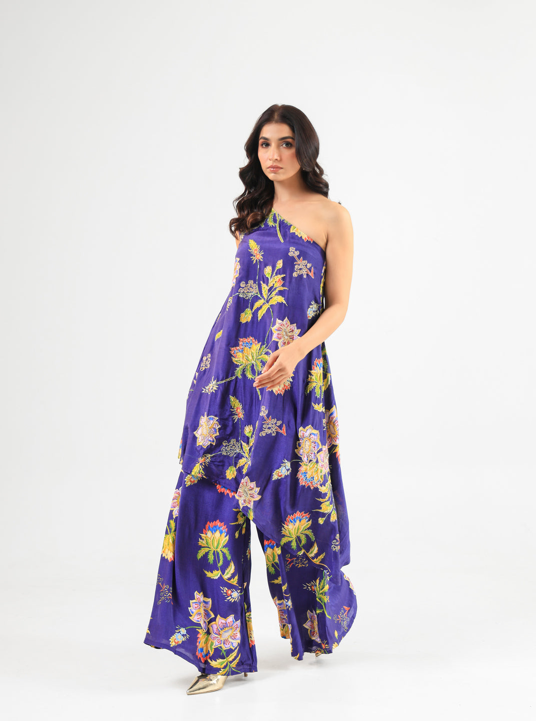 Deep Blue Floral Off-Shoulder Kurta Set with Wide-Leg Pants