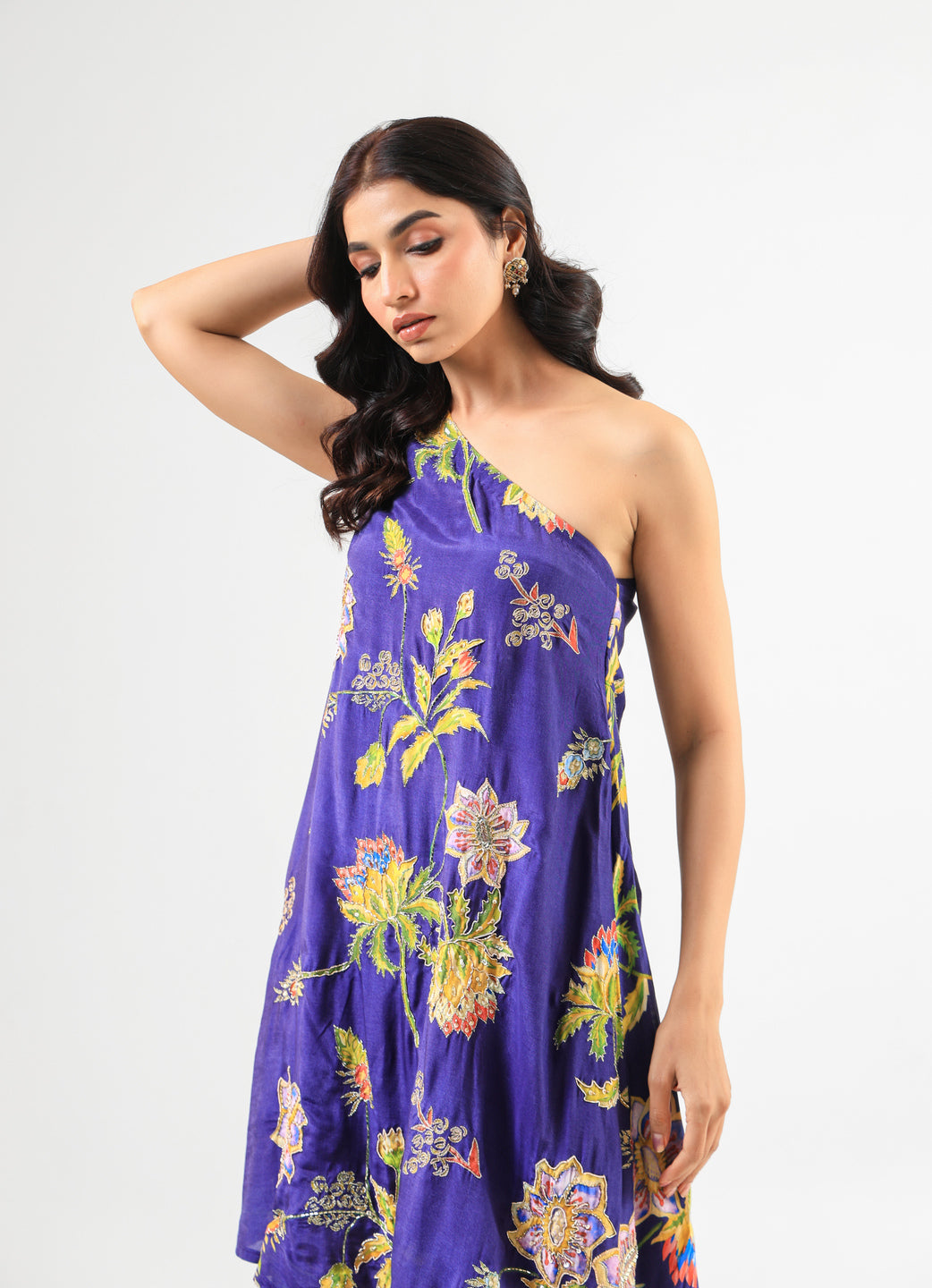Deep Blue Floral Off-Shoulder Kurta Set with Wide-Leg Pants