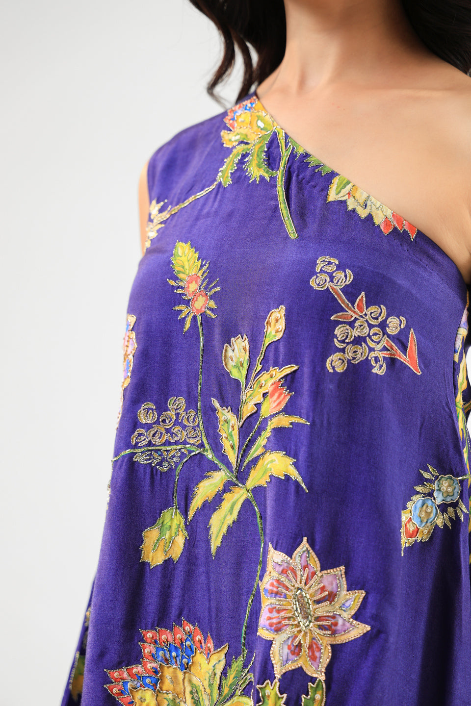 Deep Blue Floral Off-Shoulder Kurta Set with Wide-Leg Pants