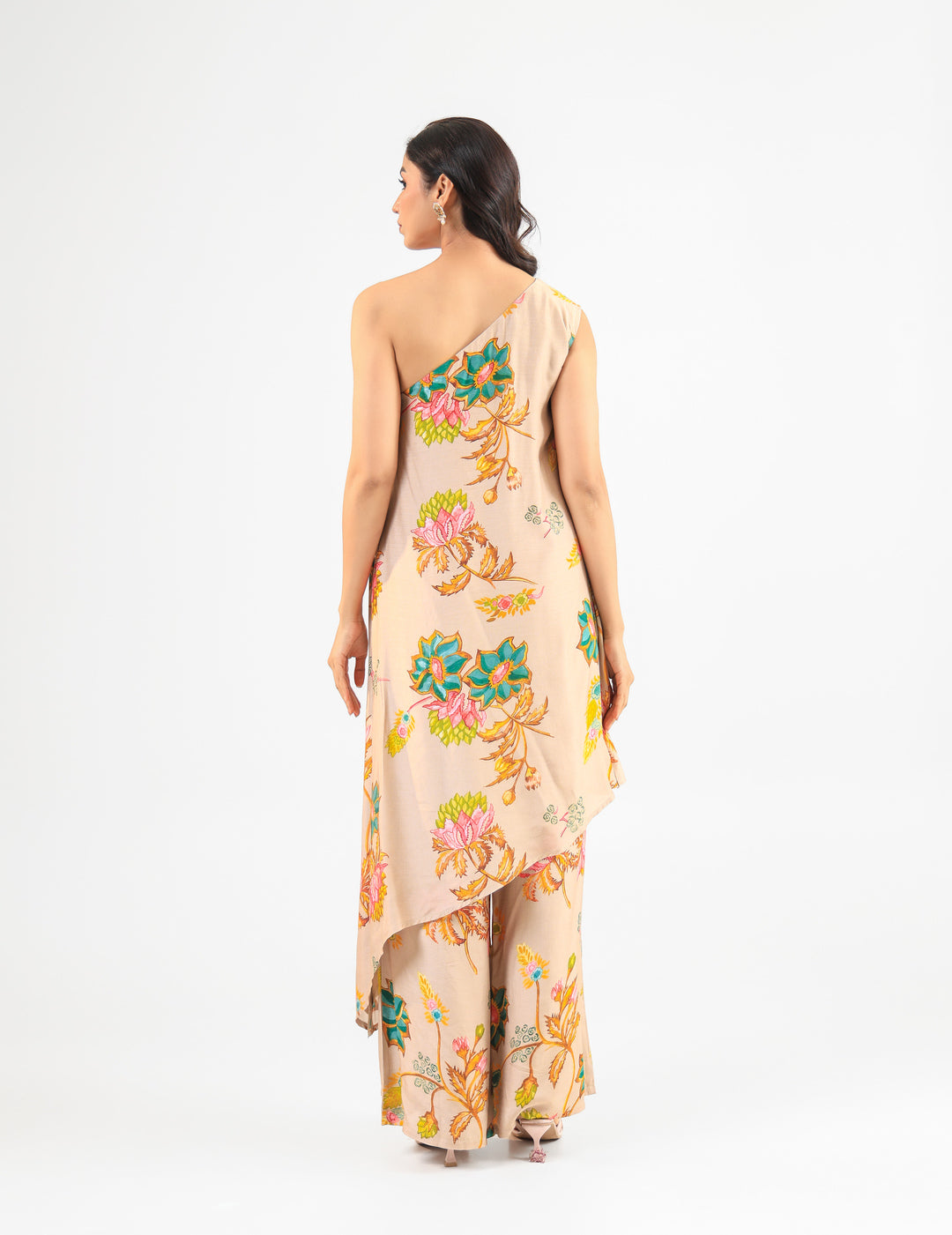 Beige Floral Asymmetric Kurta Set with Wide-Leg Pants