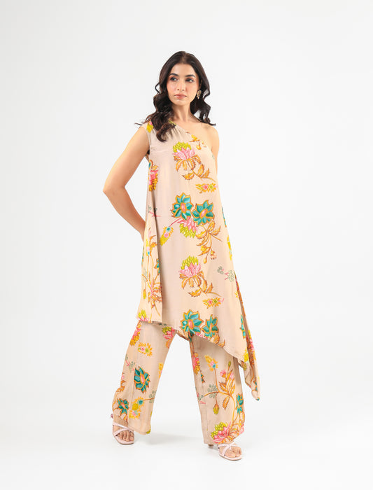 Beige Floral Asymmetric Kurta Set with Wide-Leg Pants