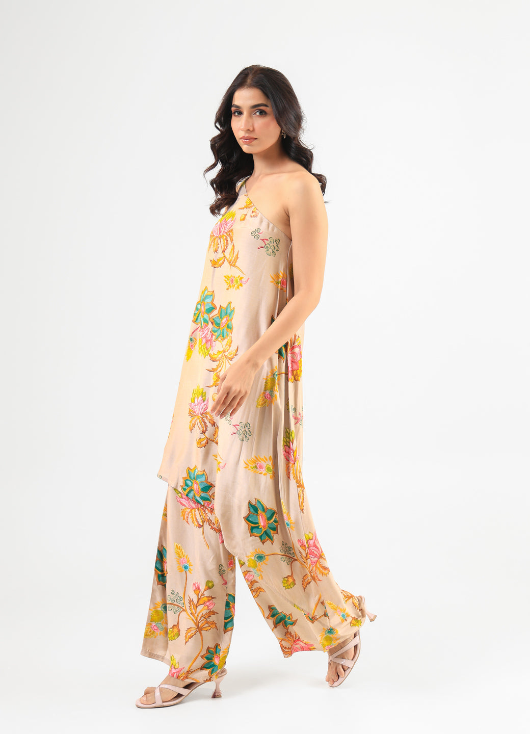 Beige Floral Asymmetric Kurta Set with Wide-Leg Pants