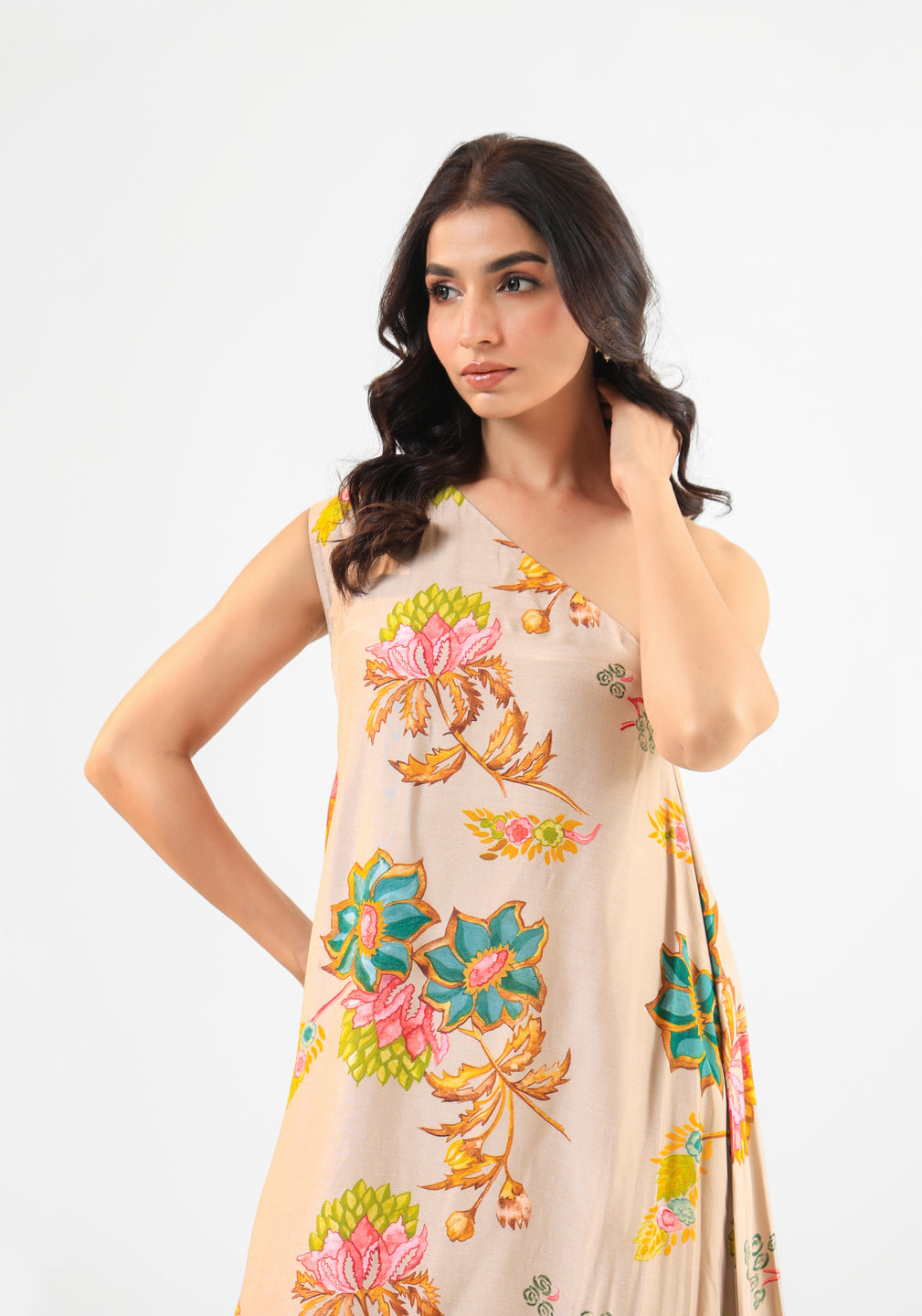 Beige Floral Asymmetric Kurta Set with Wide-Leg Pants