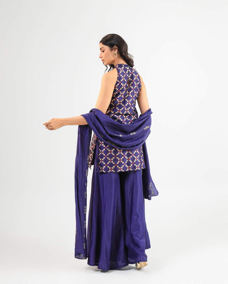 Deep Blue Halter Banarasi Kurta Set with Embroidered Dupatta