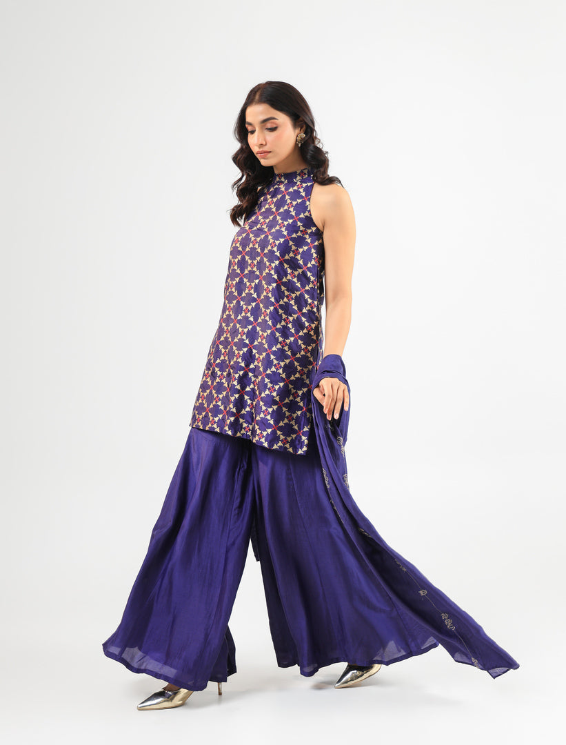 Deep Blue Halter Banarasi Kurta Set with Embroidered Dupatta