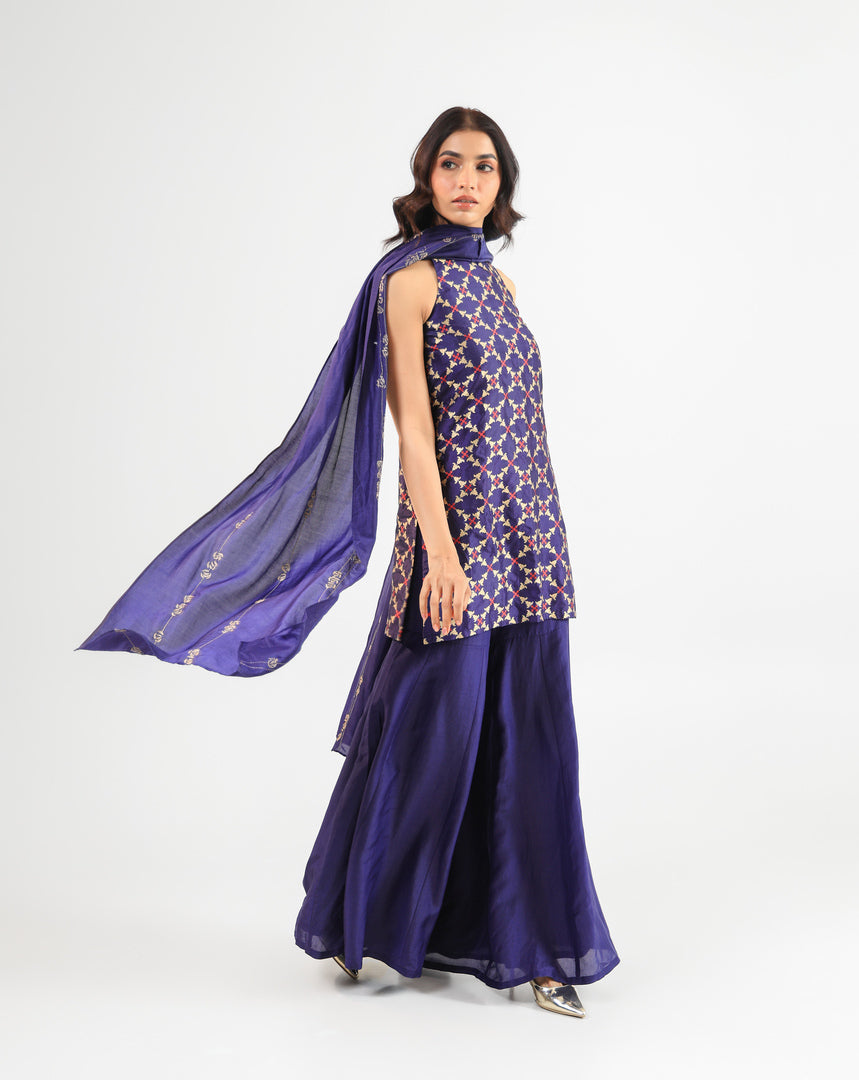 Deep Blue Halter Banarasi Kurta Set with Embroidered Dupatta