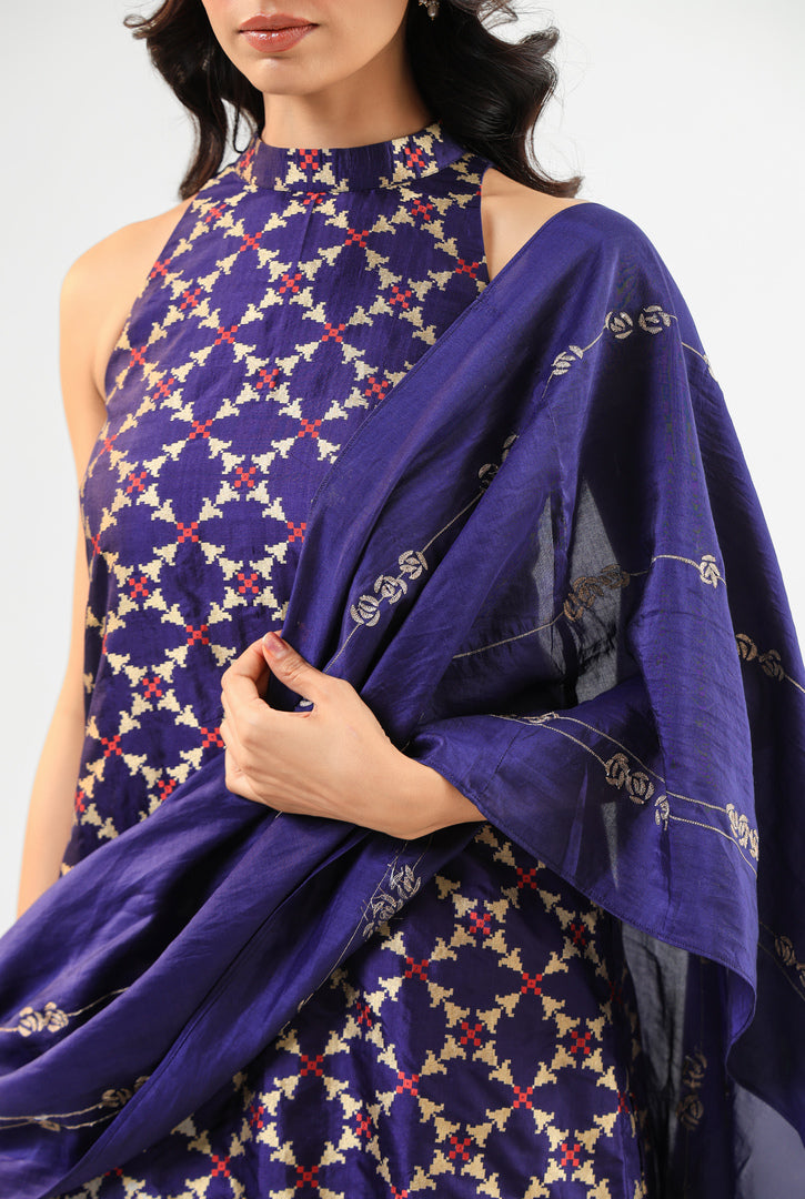 Deep Blue Halter Banarasi Kurta Set with Embroidered Dupatta