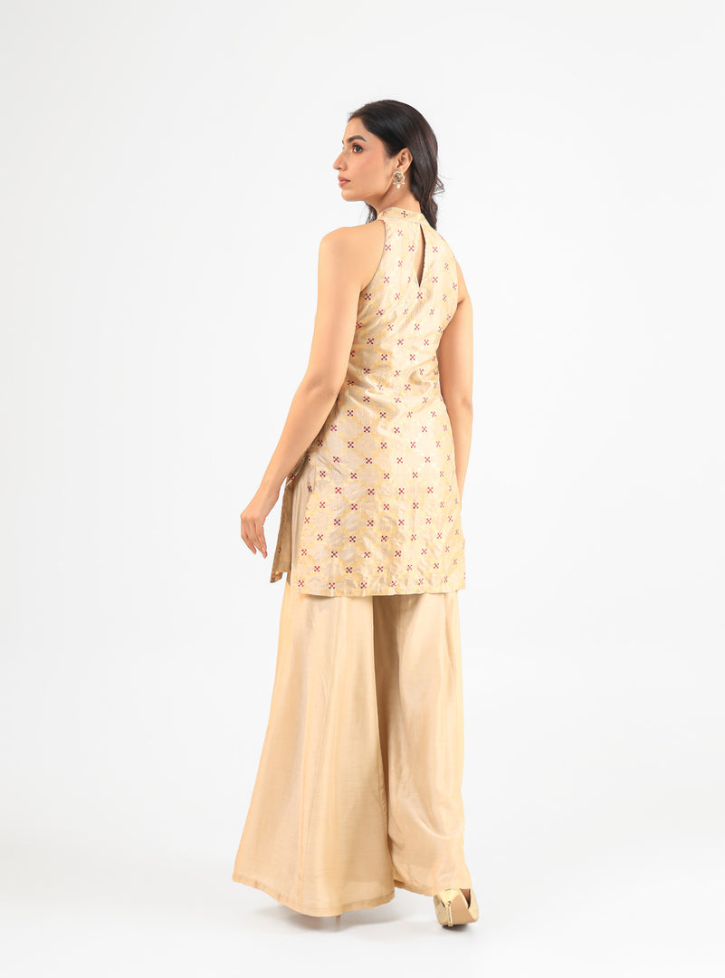 Beige Halter Banarasi Kurta Set with Embroidered Dupatta