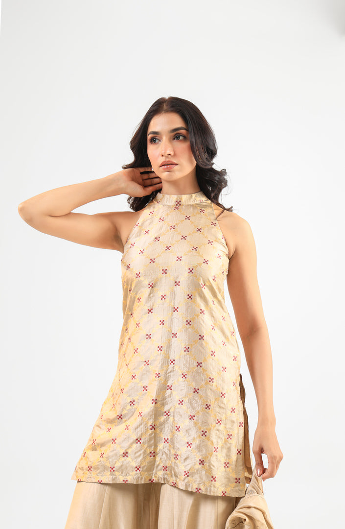 Beige Halter Banarasi Kurta Set with Embroidered Dupatta