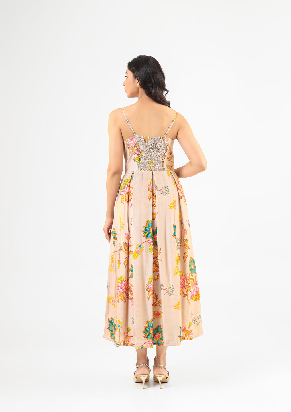 Beige Floral Midi Dress