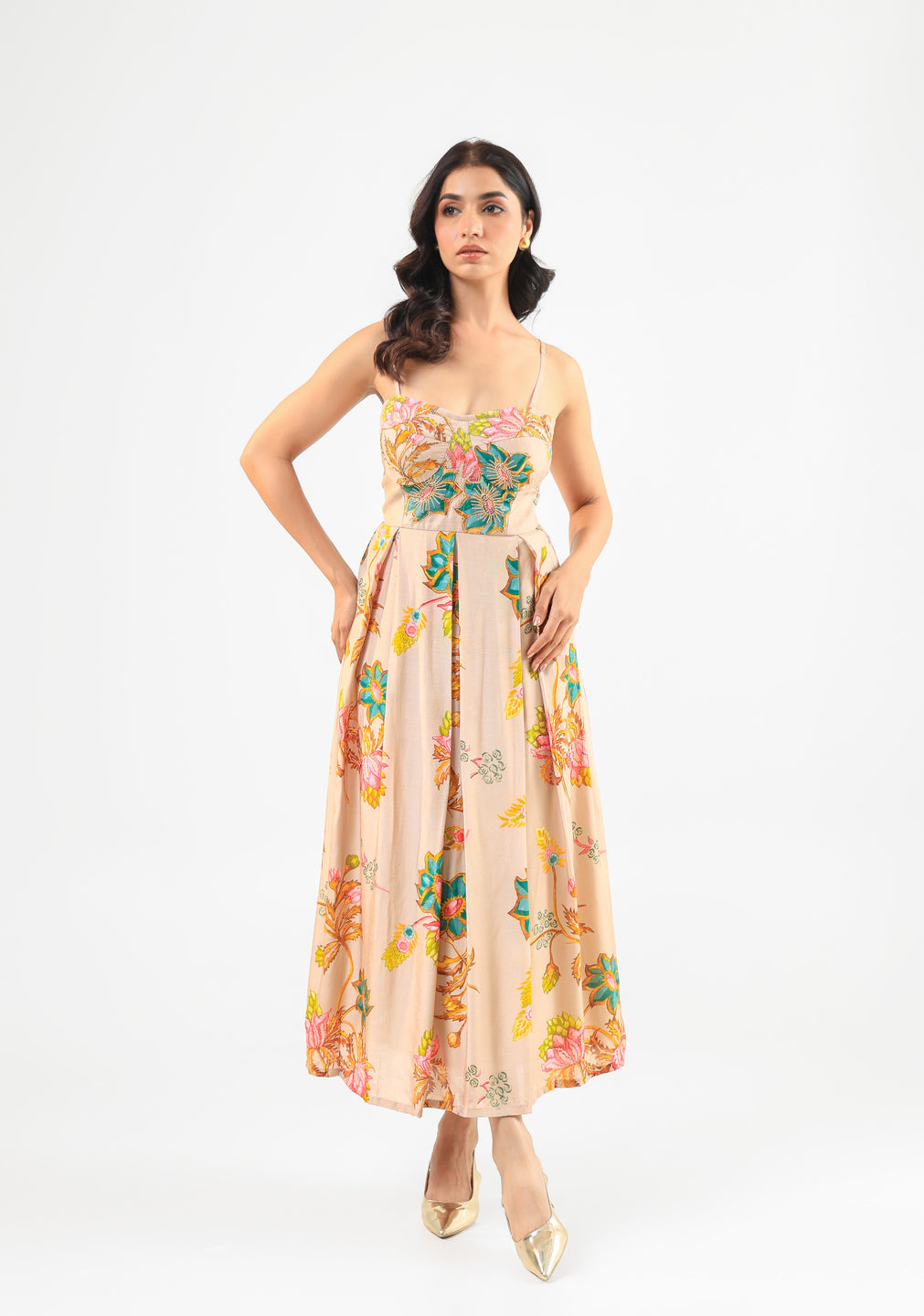 Beige Floral Midi Dress
