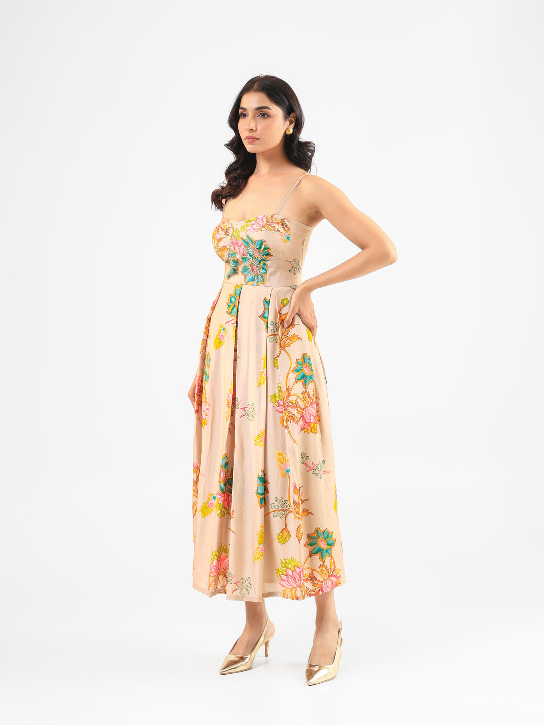 Beige Floral Midi Dress