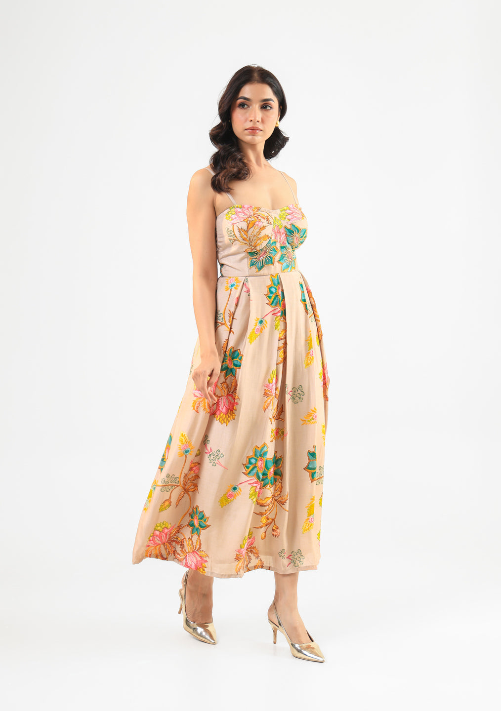 Beige Floral Midi Dress
