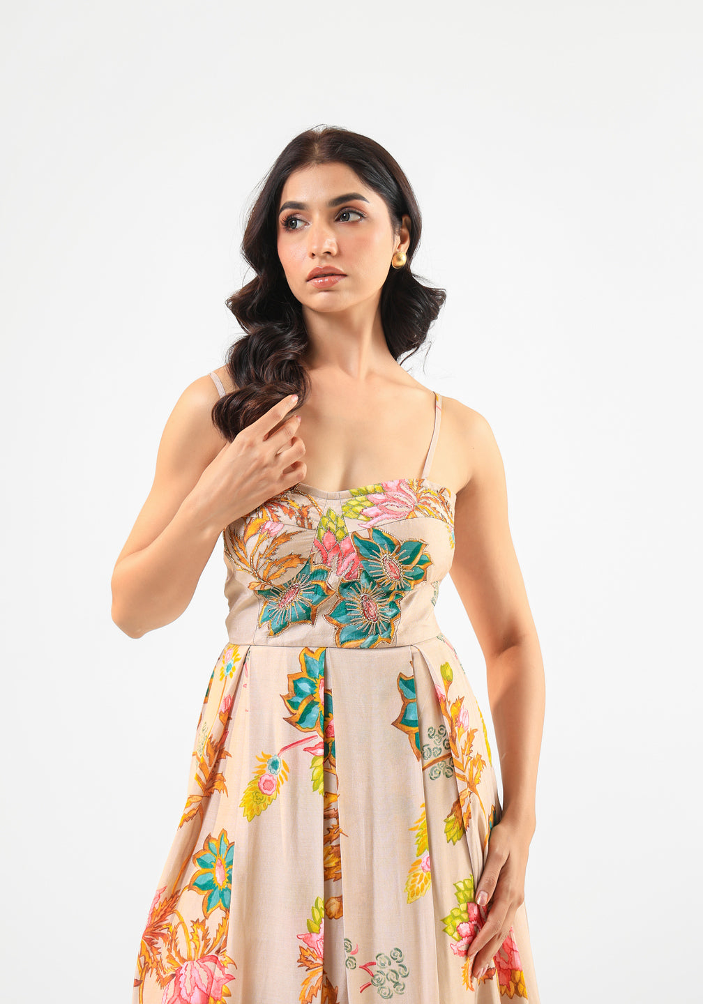 Beige Floral Midi Dress