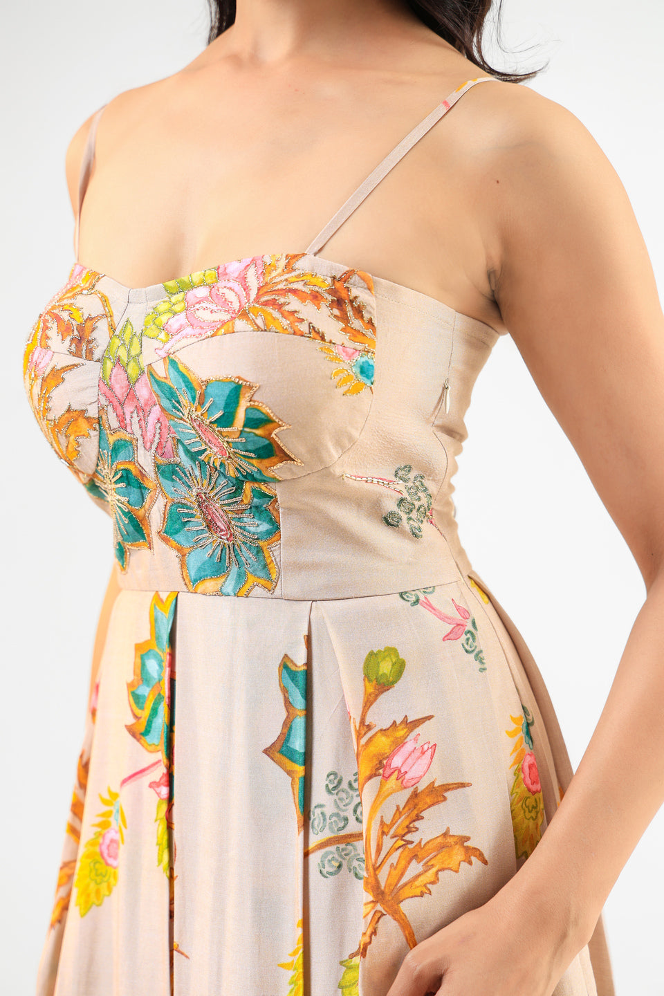 Beige Floral Midi Dress