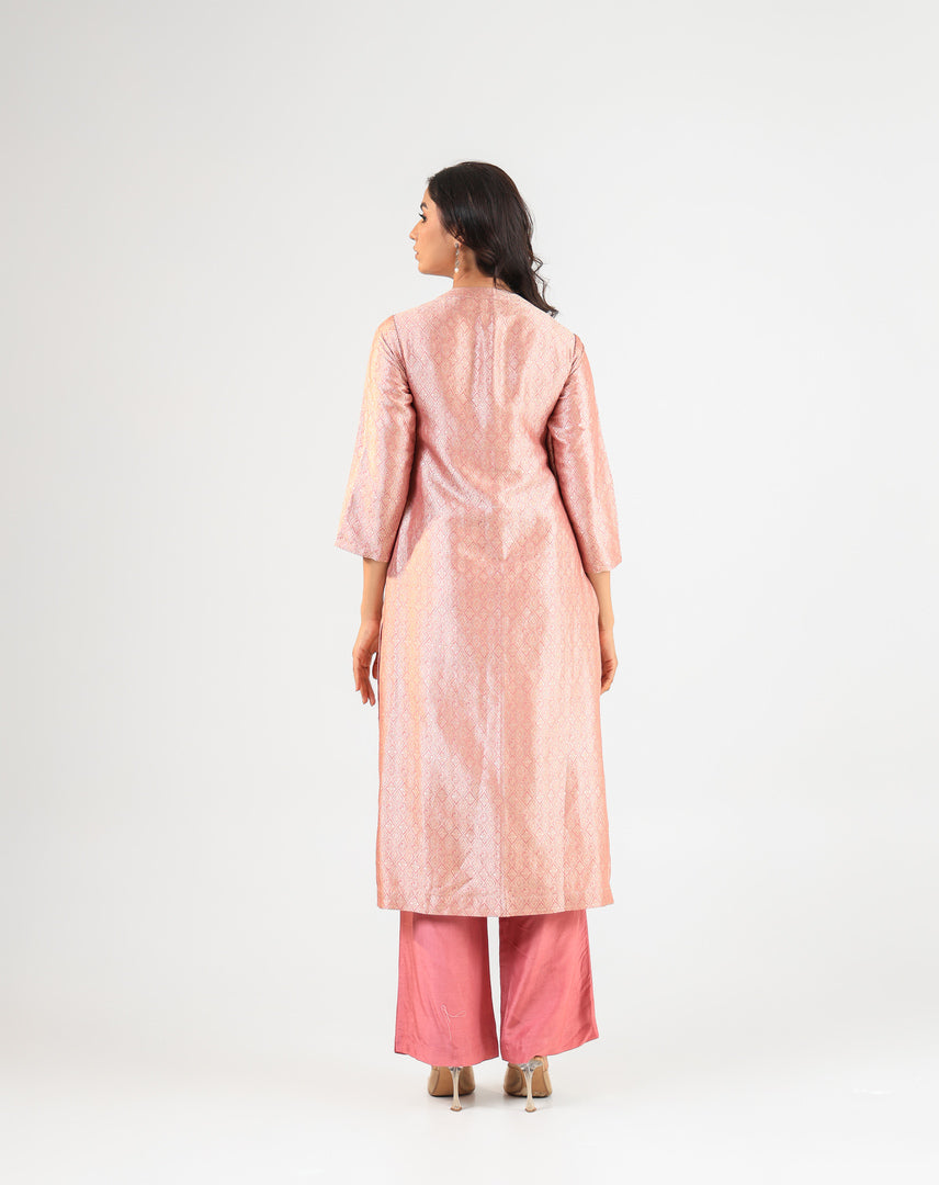 Pink Banarasi Kurta Set with Royal Silk Pants and Dupatta