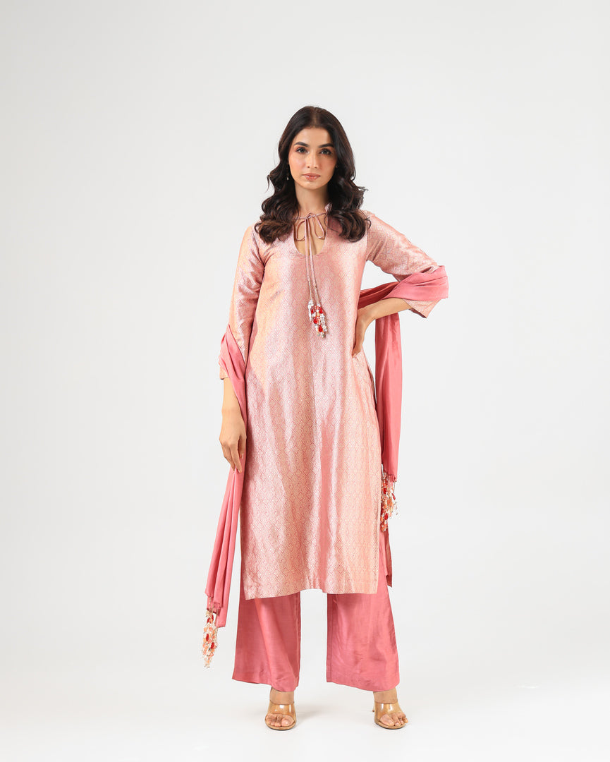Pink Banarasi Kurta Set with Royal Silk Pants and Dupatta