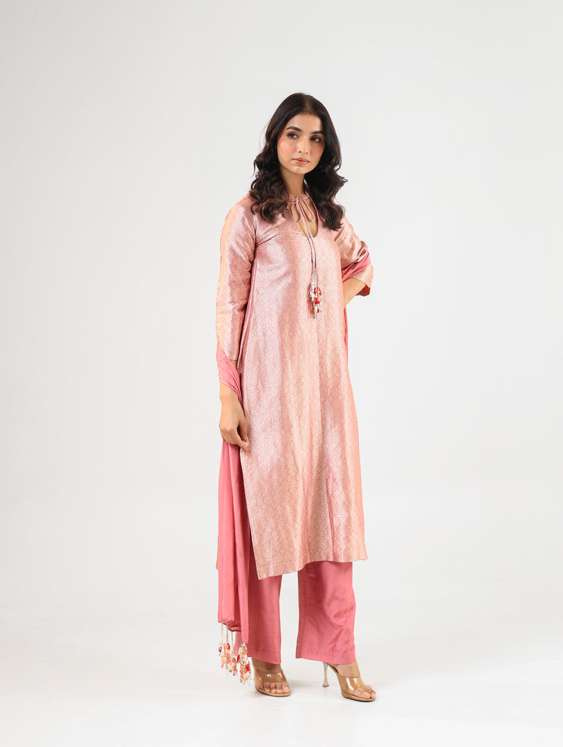 Pink Banarasi Kurta Set with Royal Silk Pants and Dupatta