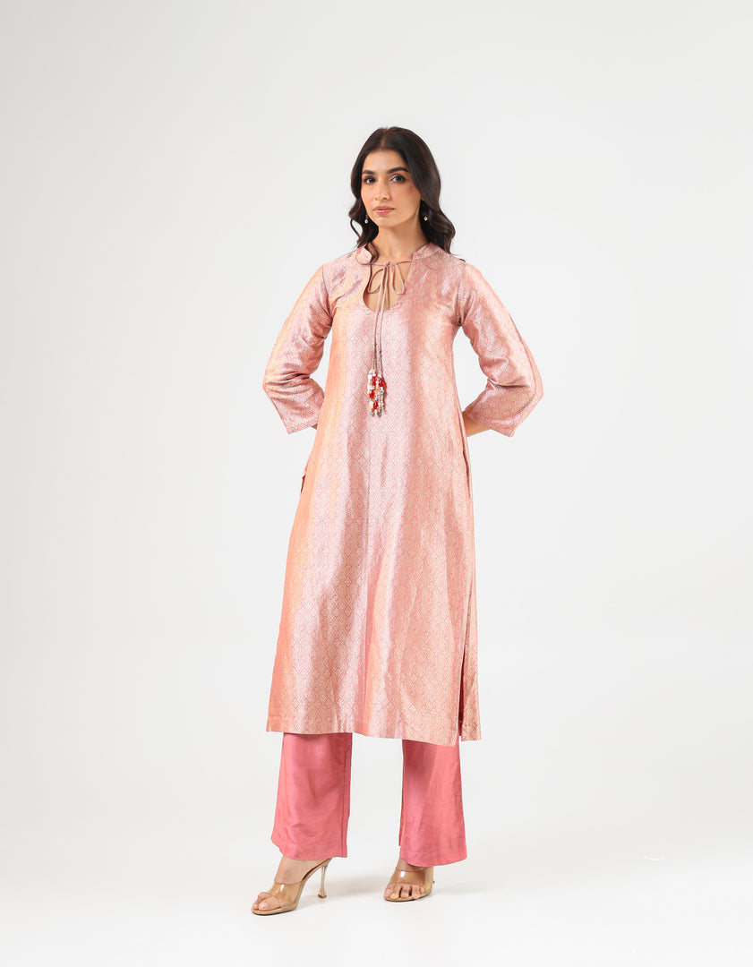 Pink Banarasi Kurta Set with Royal Silk Pants and Dupatta