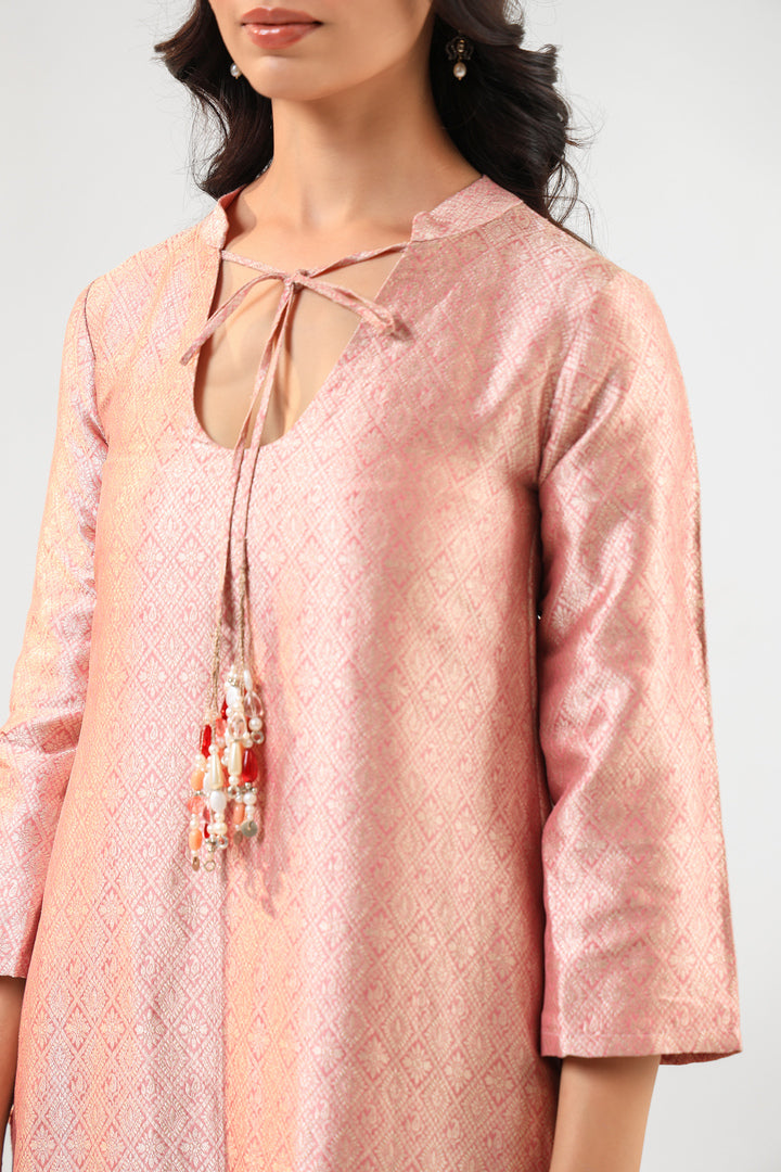 Pink Banarasi Kurta Set with Royal Silk Pants and Dupatta