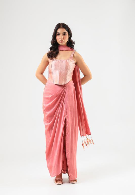 Pink Banarasi Corset Set with Drape Skirt and Bandage Dupatta