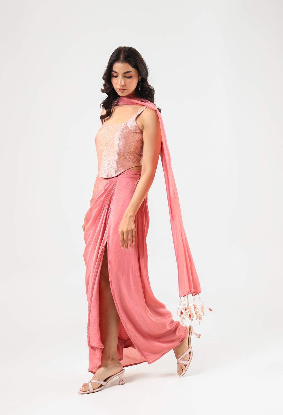 Pink Banarasi Corset Set with Drape Skirt and Bandage Dupatta