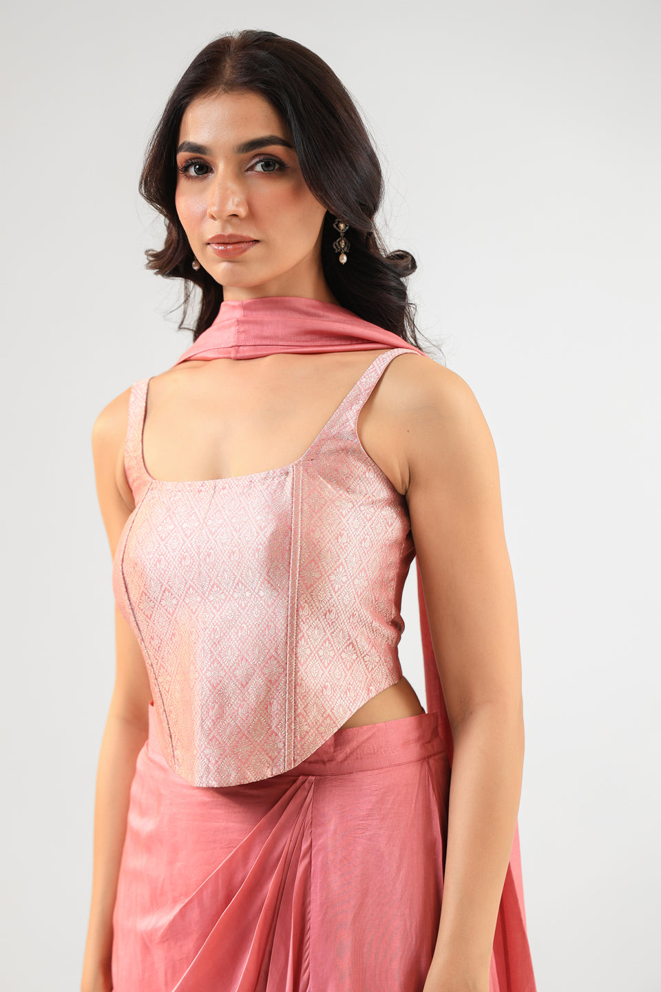 Pink Banarasi Corset Set with Drape Skirt and Bandage Dupatta