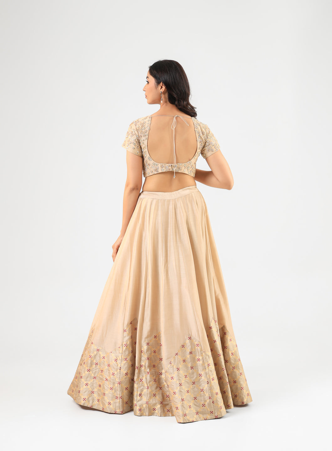 Beige Embroidered Blouse with Banarasi Detailed Lehenga Set and Organza Dupatta