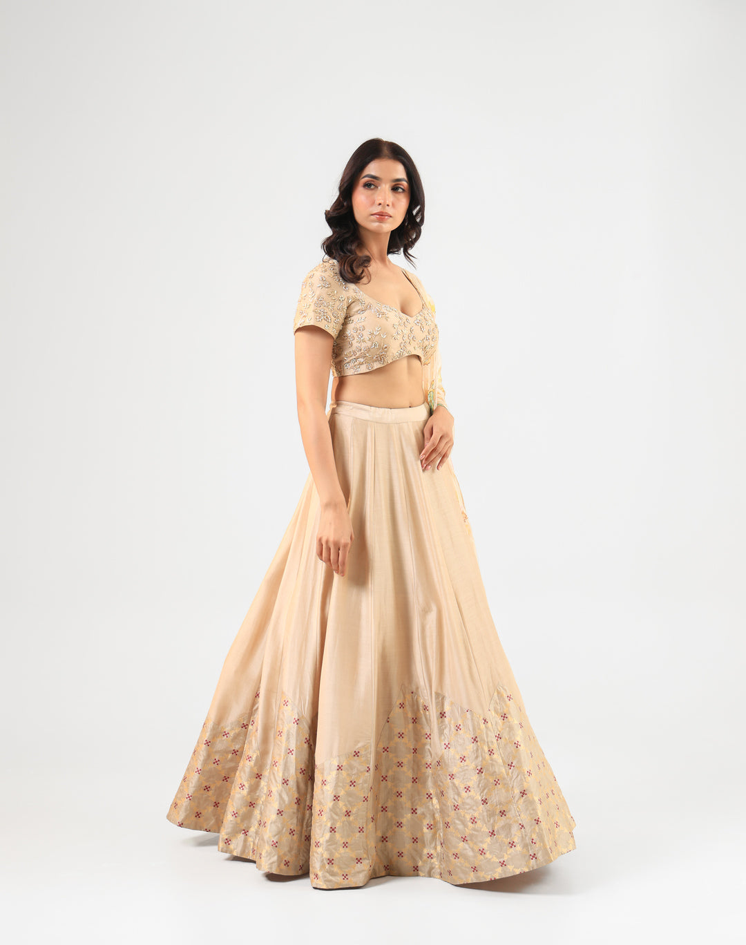 Beige Embroidered Blouse with Banarasi Detailed Lehenga Set and Organza Dupatta