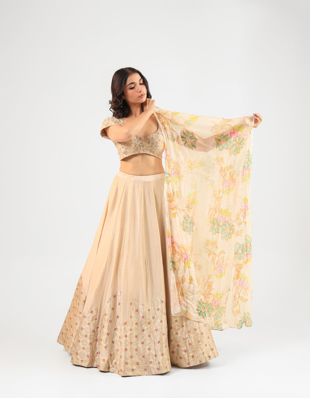 Beige Embroidered Blouse with Banarasi Detailed Lehenga Set and Organza Dupatta
