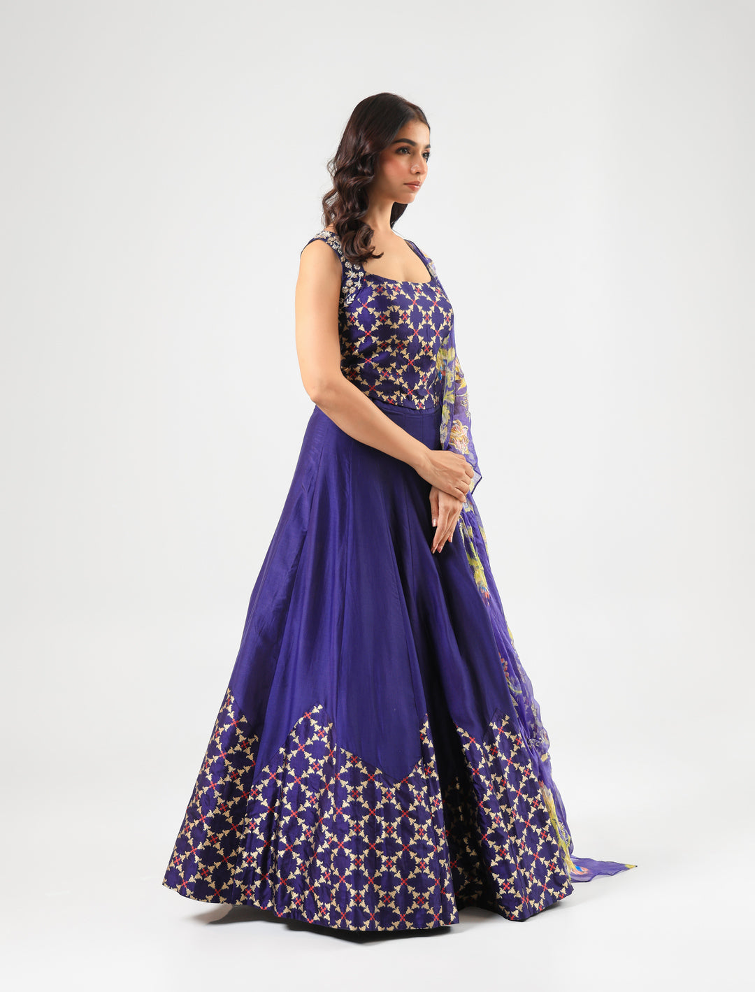 Deep Blue Banarasi Blouse & Lehenga Set with Amrood Printed Organza Dupatta