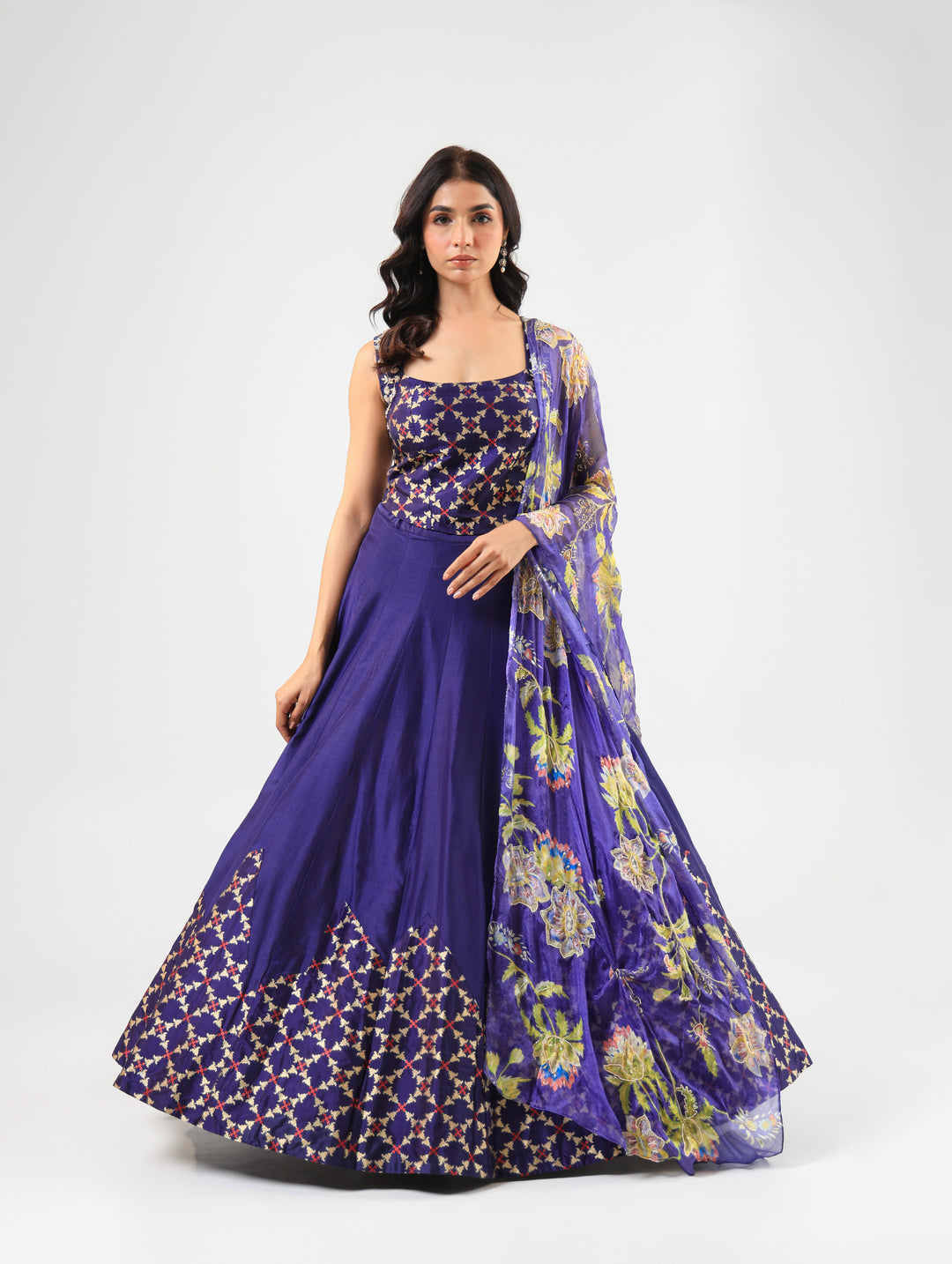 Deep Blue Banarasi Blouse & Lehenga Set with Amrood Printed Organza Dupatta