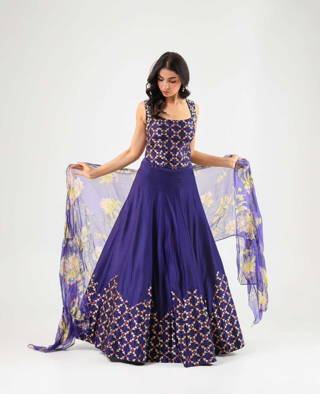 Deep Blue Banarasi Blouse & Lehenga Set with Amrood Printed Organza Dupatta