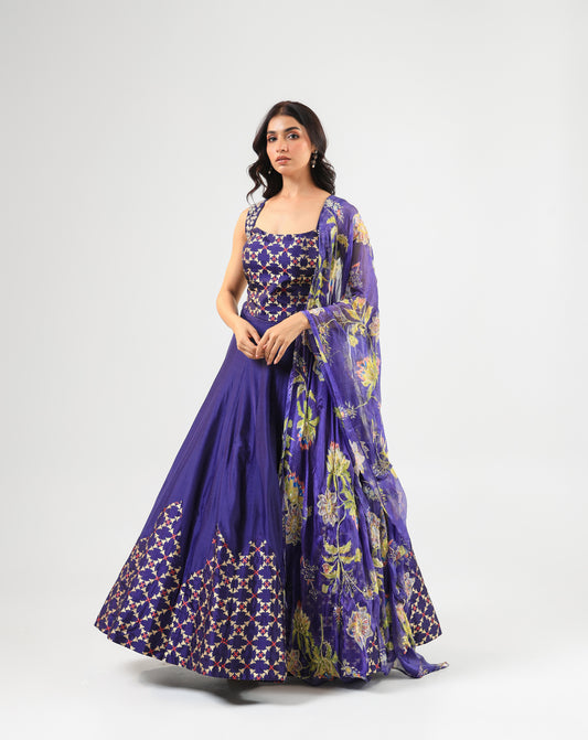 Deep Blue Banarasi Blouse & Lehenga Set with Amrood Printed Organza Dupatta