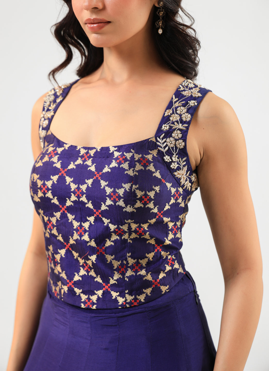 Deep Blue Banarasi Blouse & Lehenga Set with Amrood Printed Organza Dupatta