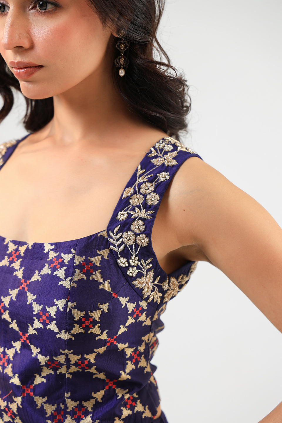 Deep Blue Banarasi Blouse & Lehenga Set with Amrood Printed Organza Dupatta