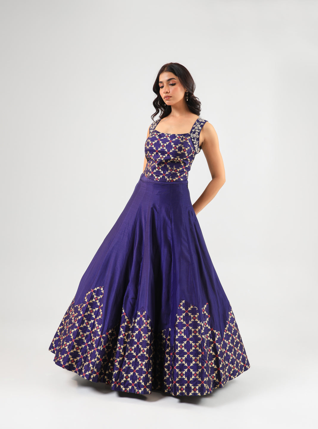 Deep Blue Banarasi Blouse & Lehenga Set with Amrood Printed Organza Dupatta