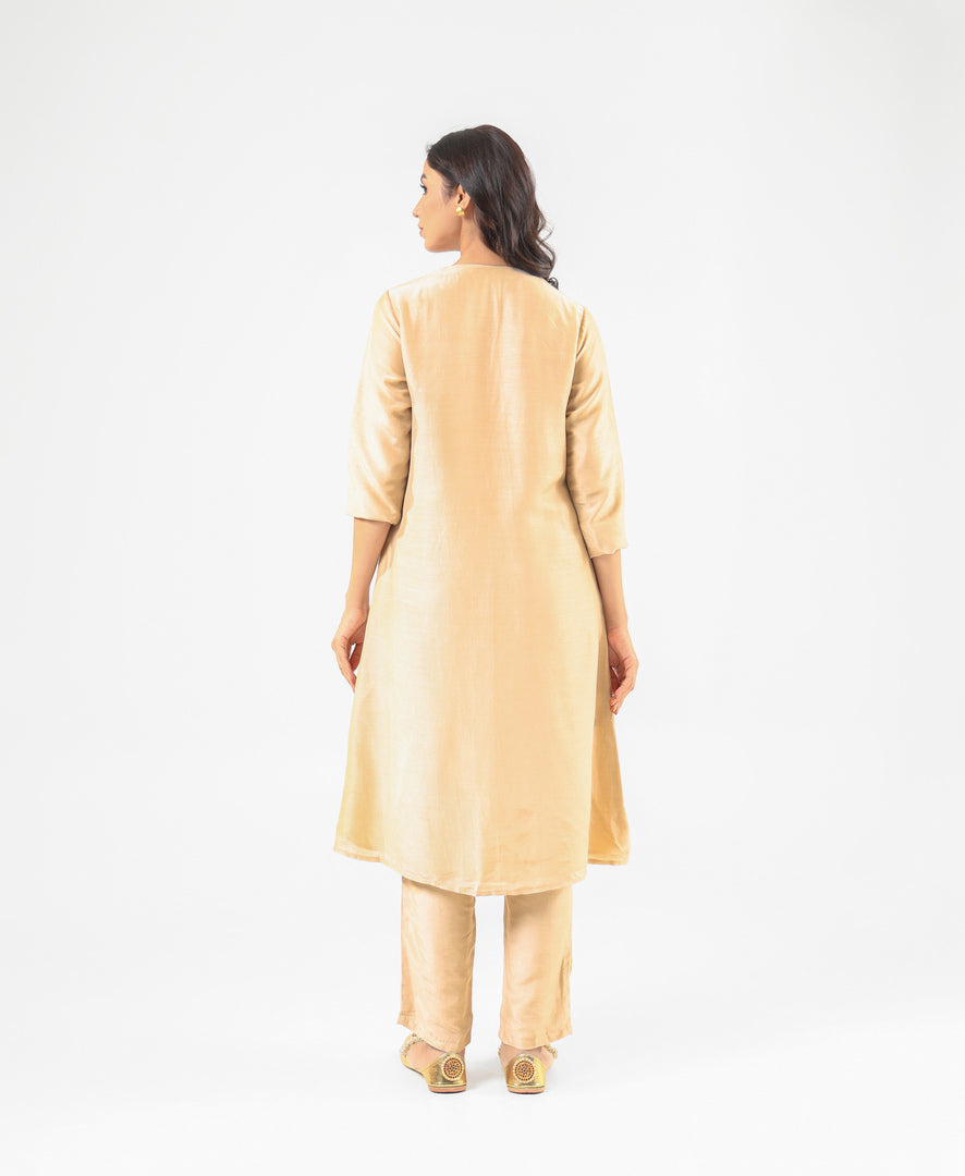 Beige Front-Button Kurta Set with Embroidery on Pockets