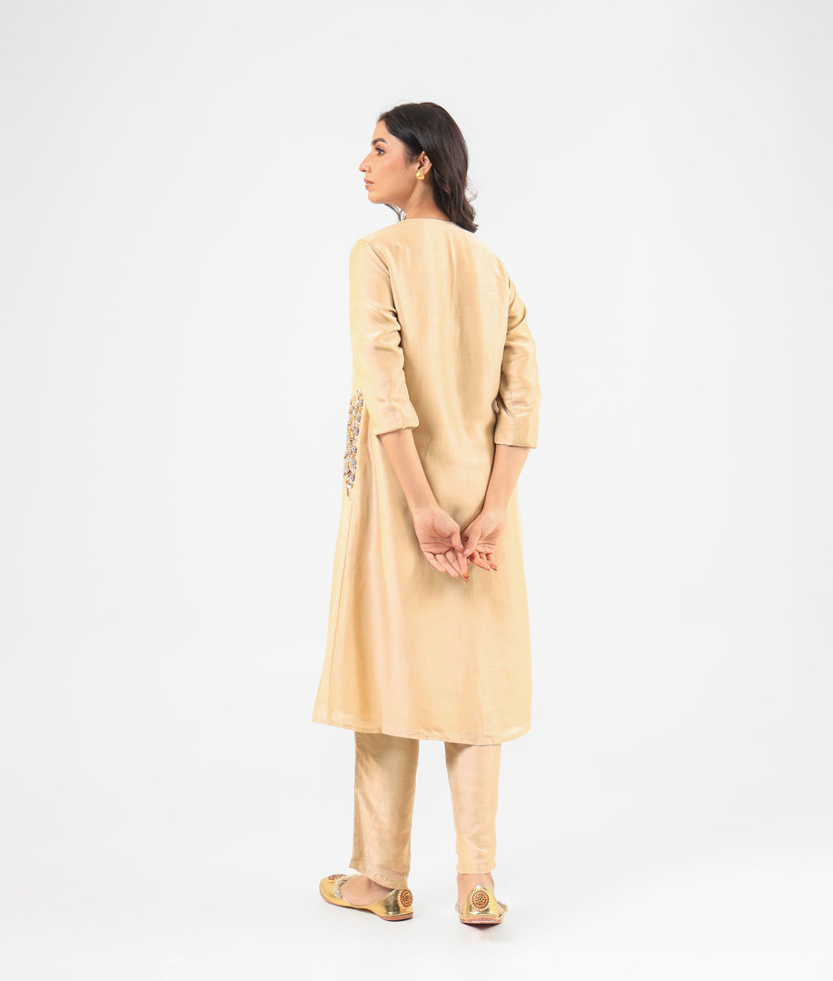 Beige Front-Button Kurta Set with Embroidery on Pockets