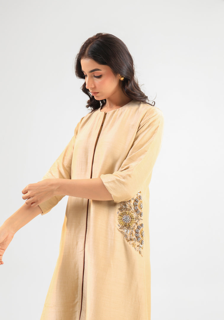 Beige Front-Button Kurta Set with Embroidery on Pockets