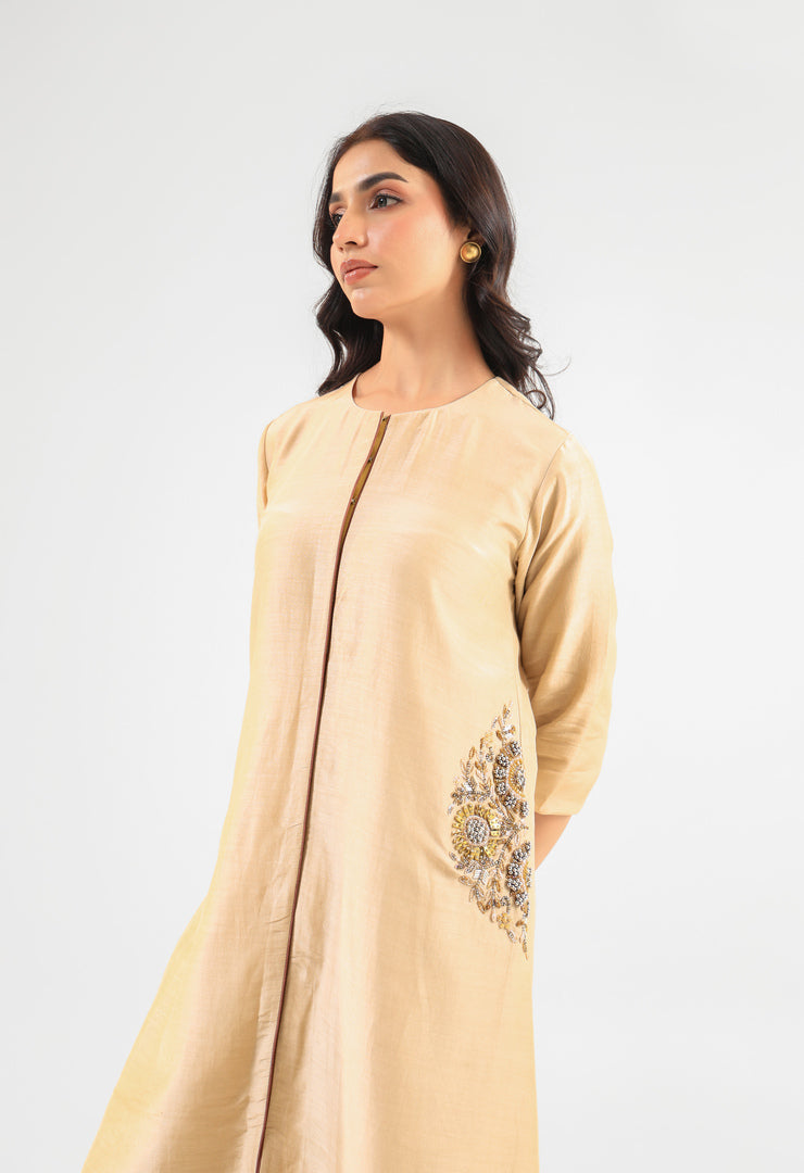 Beige Front-Button Kurta Set with Embroidery on Pockets