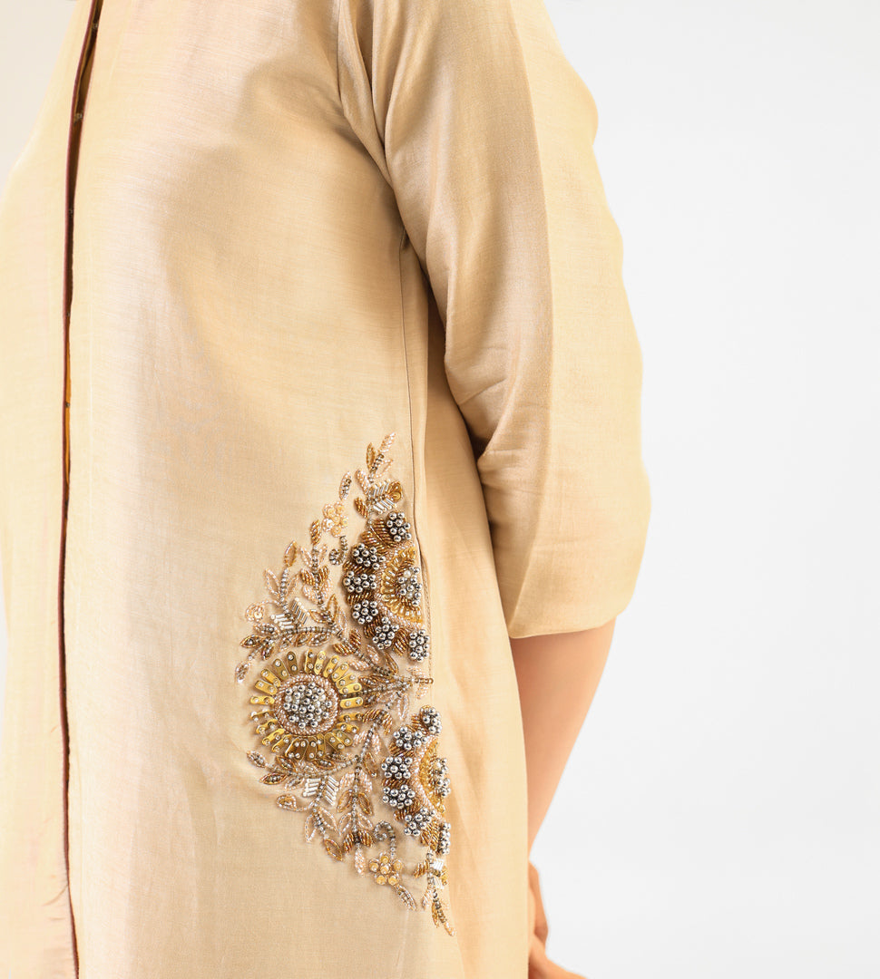 Beige Front-Button Kurta Set with Embroidery on Pockets