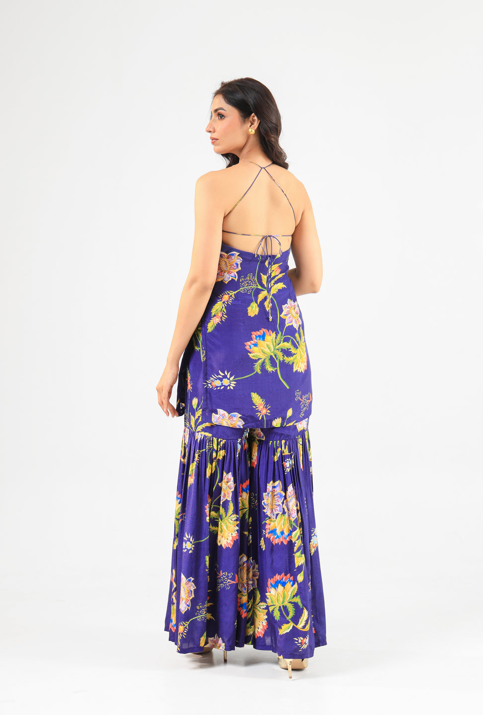 Deep Blue Floral Halter Kurta Sharara Set with Organza Dupatta